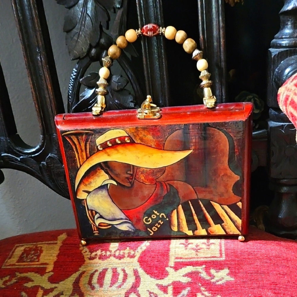 Artistic Handmade Wooden Cigar Box Handbag with Beaded Handle